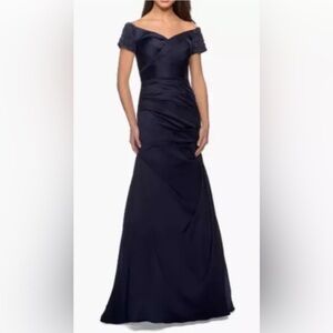 La Femme Dark Blue Ruched Off Shoulder Bead Embellished Gown